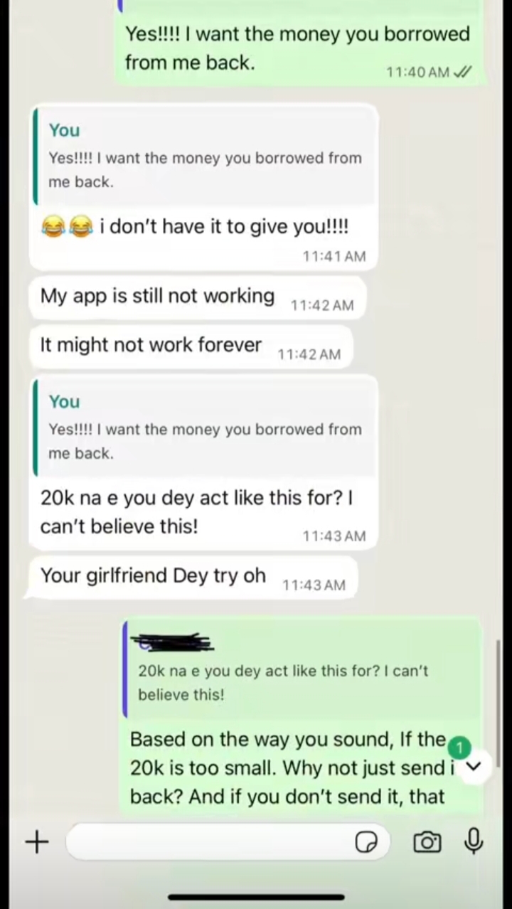 Chat screenshot of further conversation on N20K loan