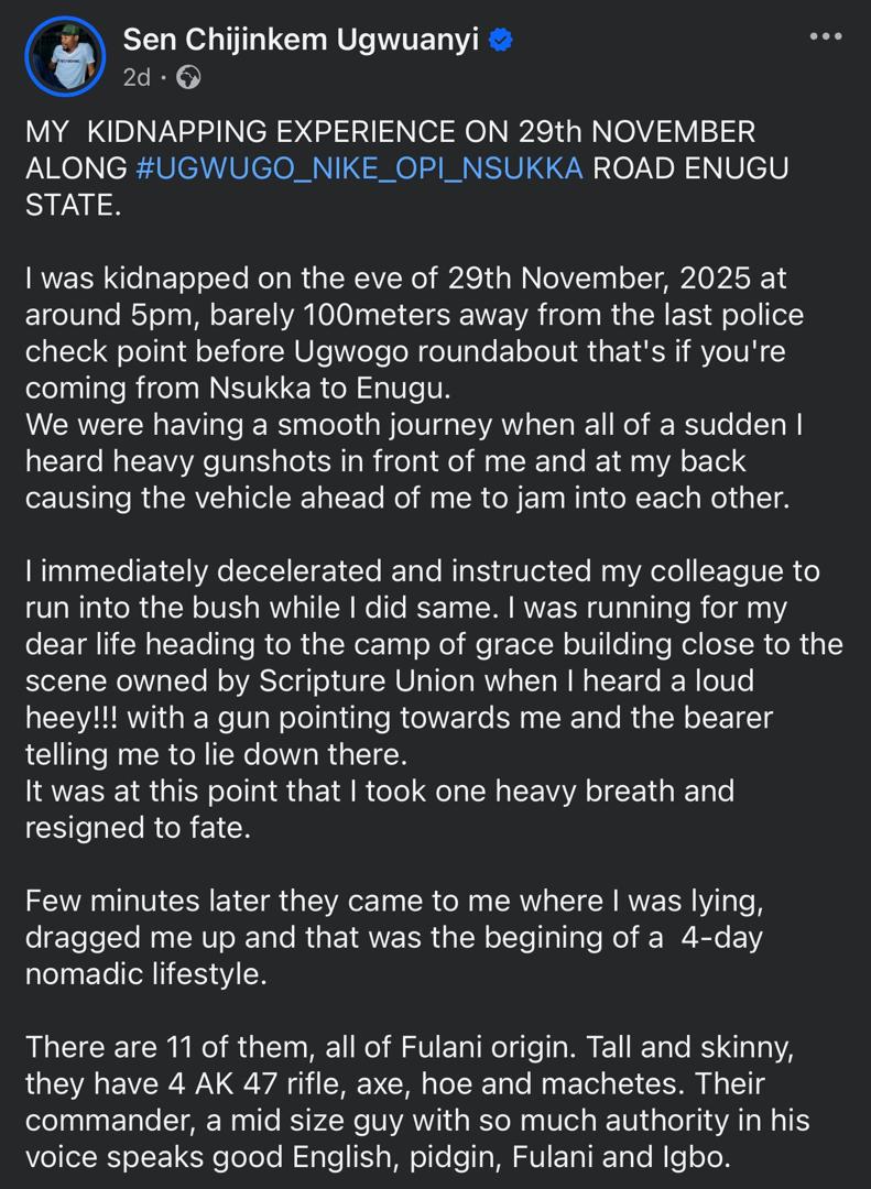 Screenshot of Peter's detailed Facebook post about his four-day kidnapping.