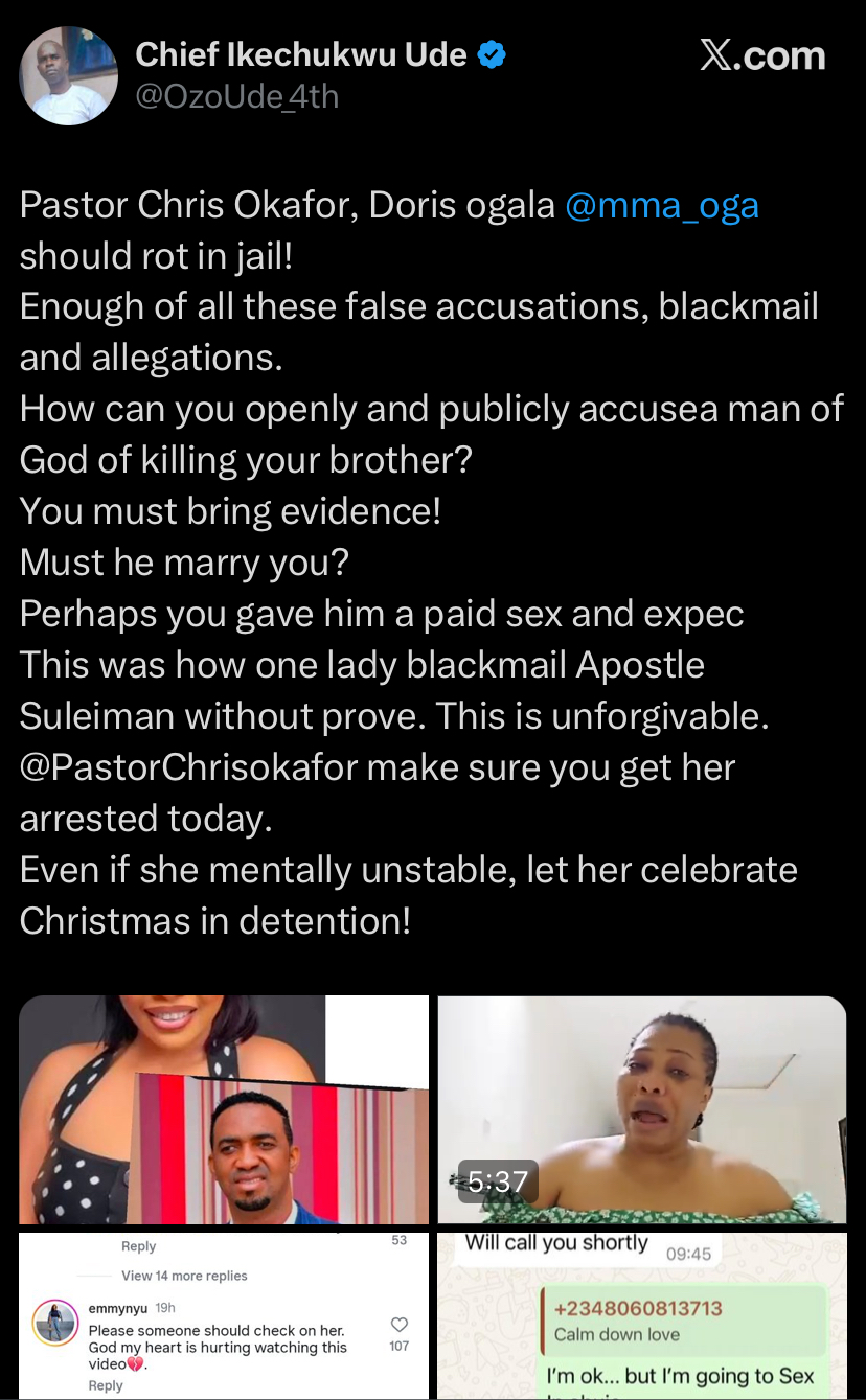 Man calls for Doris Ogala's arrest after alleged chat with Pastor Chris Okafor
