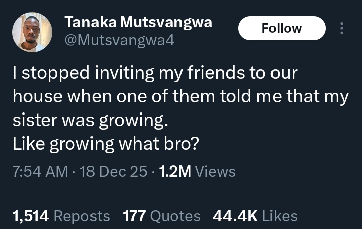 Screenshot of an X (Twitter) post by a man discussing his sister's growth