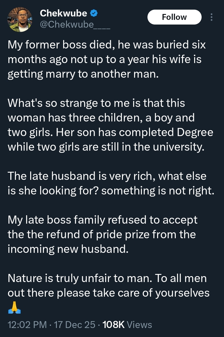 Screenshot of social media post discussing a widow's remarriage