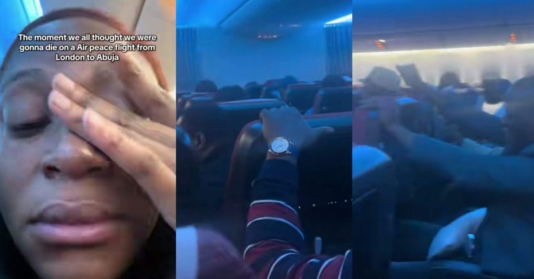 Passengers reacting to turbulence on an Air Peace flight