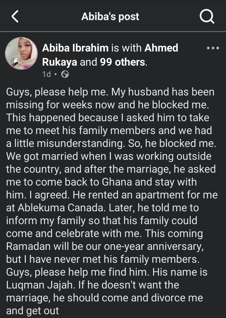 Screenshot of Abiba Ibrahim's Facebook post requesting help to find her husband.