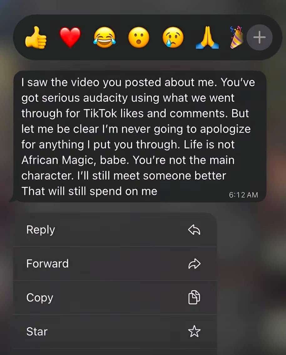 Screenshot of a text message conversation between a man and his ex-girlfriend, showing his defiant stance and refusal to apologize for his actions.