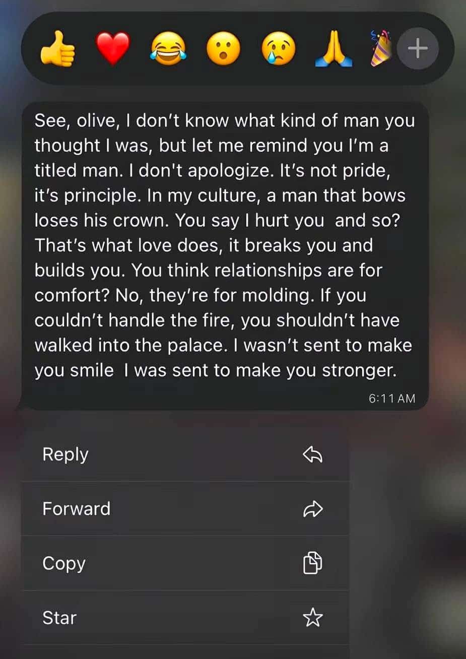 Second screenshot of text messages detailing a man's philosophy on relationships and personal growth, justifying his actions to his betrayed ex-girlfriend.