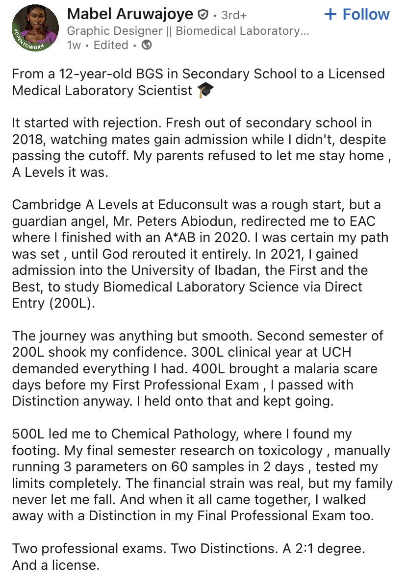 Mabel Aruwajoye’s LinkedIn post screenshot