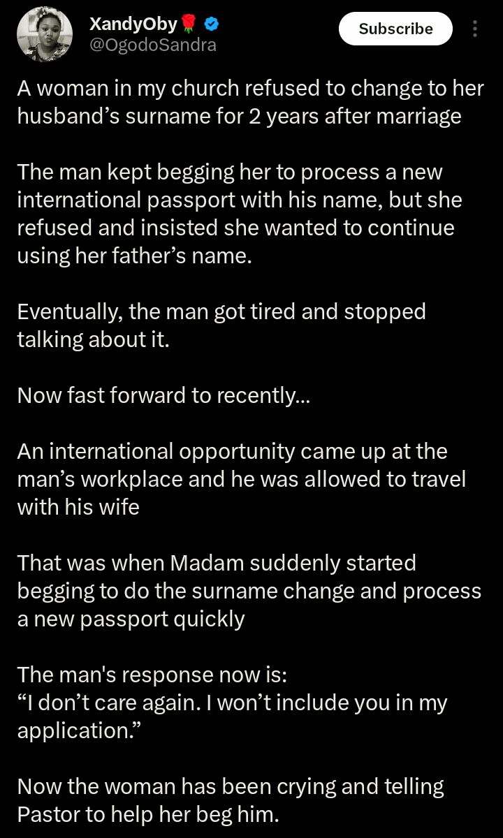 Husband Refuses to Add Wife to Travel Application Over Surname Dispute