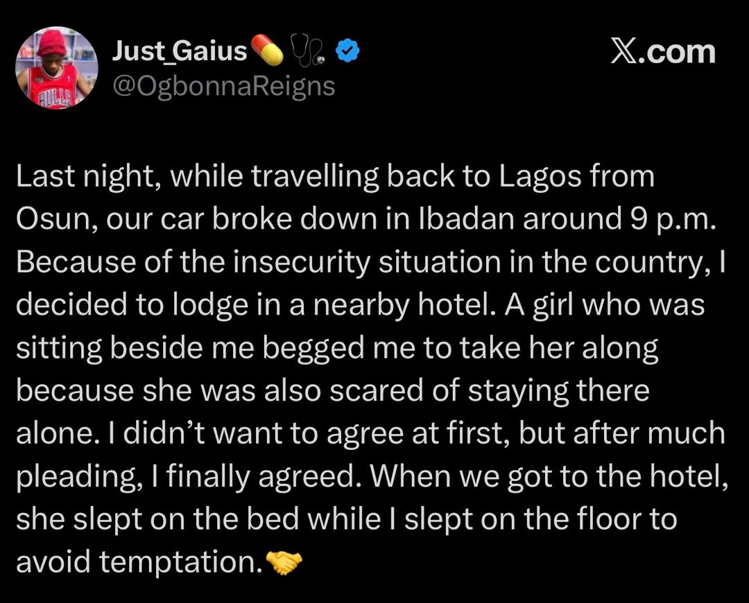 Screenshot of the traveler's tweet about the Ibadan hotel incident