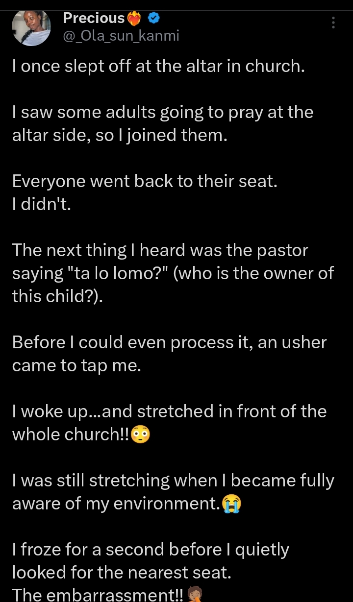 Screenshot of @Ola-sun-kanmi's X post detailing the church incident
