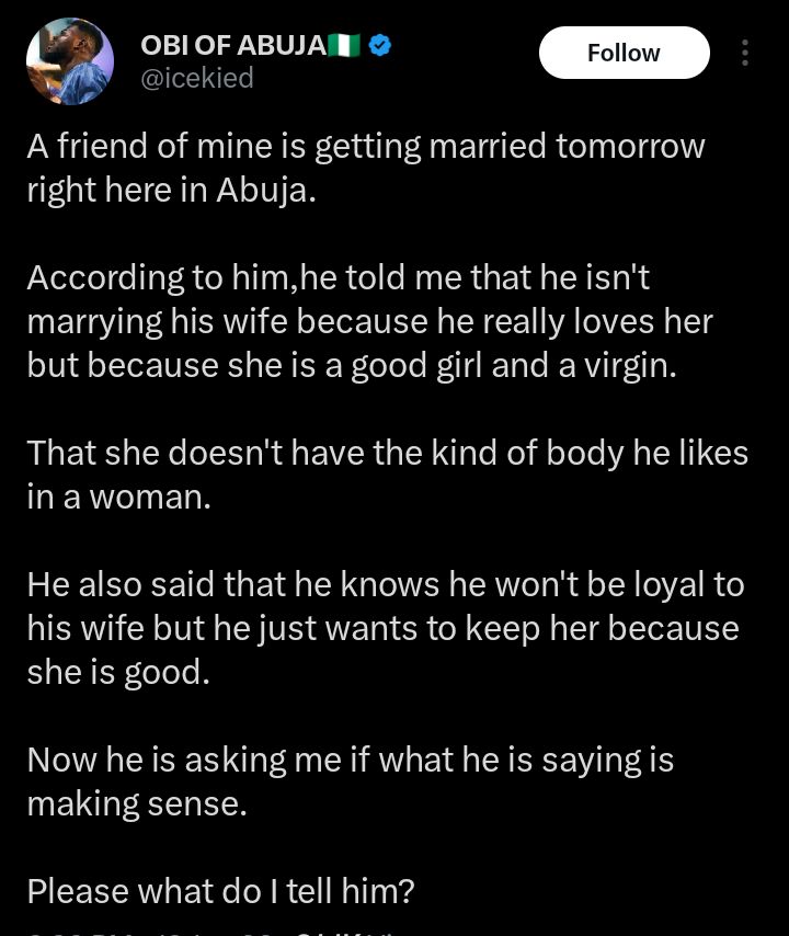 Screenshot of social media post about groom's confession