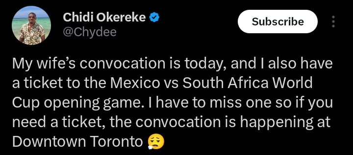 Screenshot of social media post showing the husband's comment about choosing between convocation and World Cup ticket
