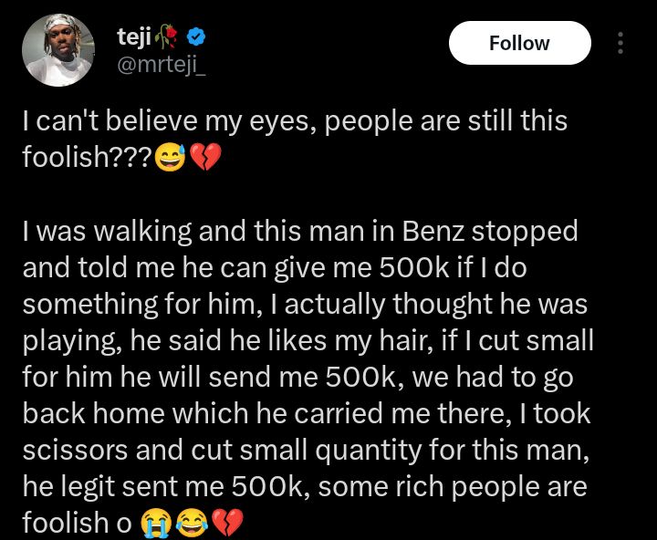 Screenshot of the viral post discussing the hair transaction