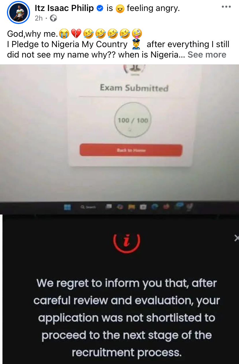 Screenshot of social media post showing rejection message