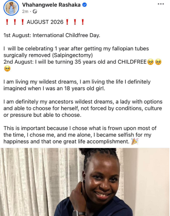 Screenshot of Facebook post announcing one‑year anniversary of fallopian tube removal