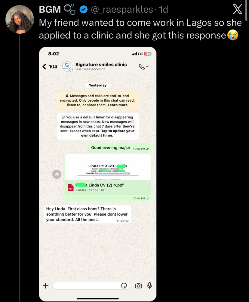 “Don’t lower your standard” - FUTA First-Class graduate shares unexpected response she got after applying for a job in Lagos