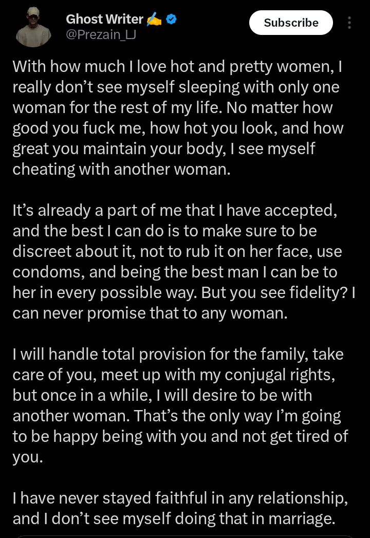 Screenshot of the man's post discussing fidelity