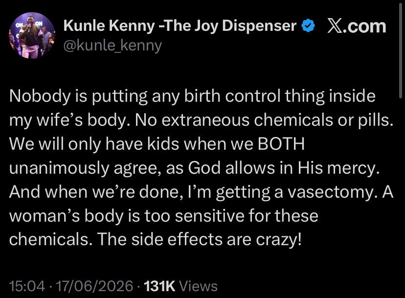 Public reaction screenshot to Kunle Kenny's vasectomy statement