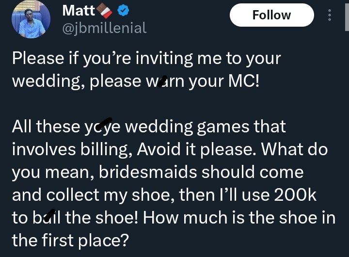Screenshot of social media comment about wedding MC games