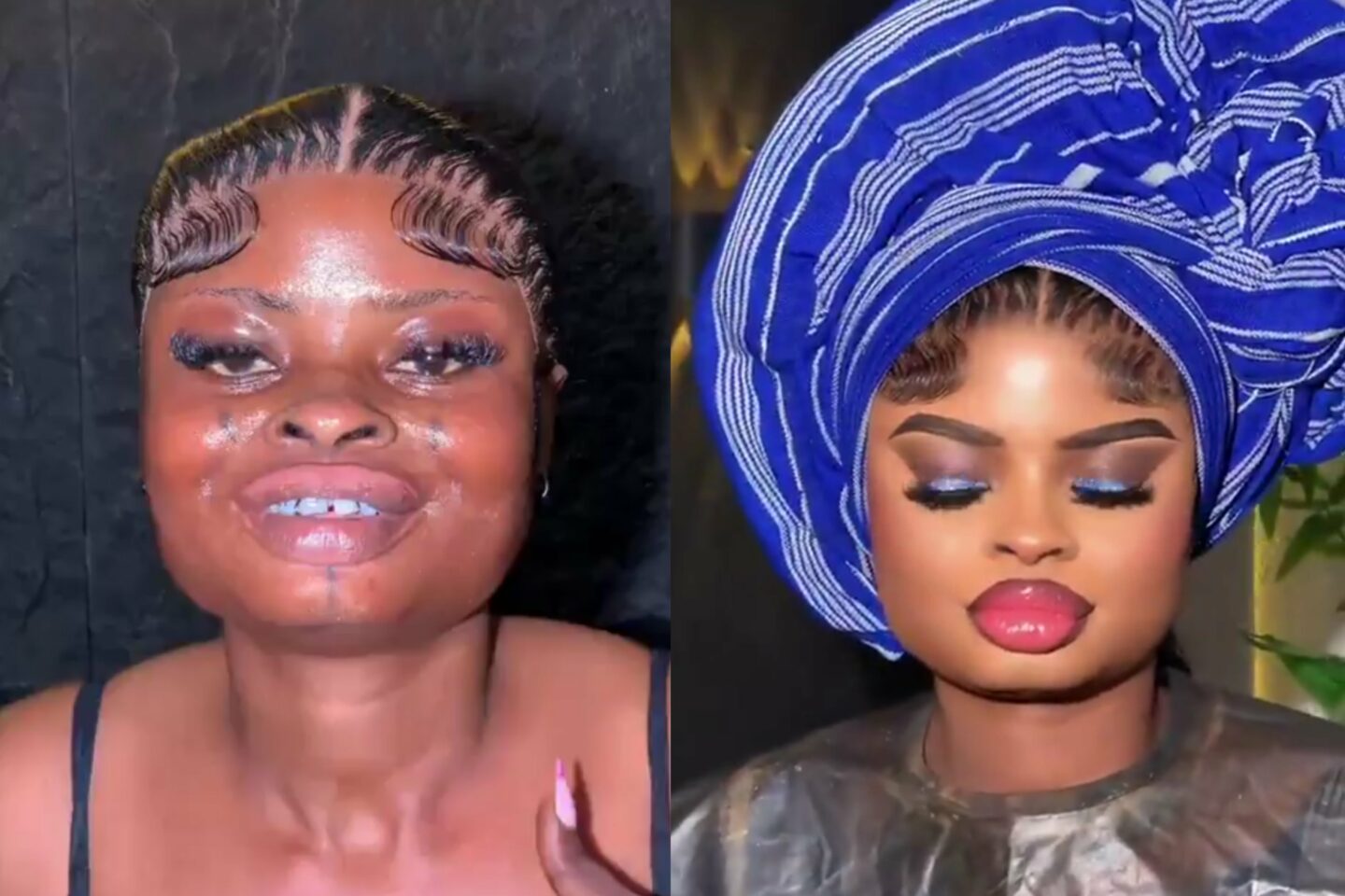 Before and after makeup transformation showing natural look and traditional attire