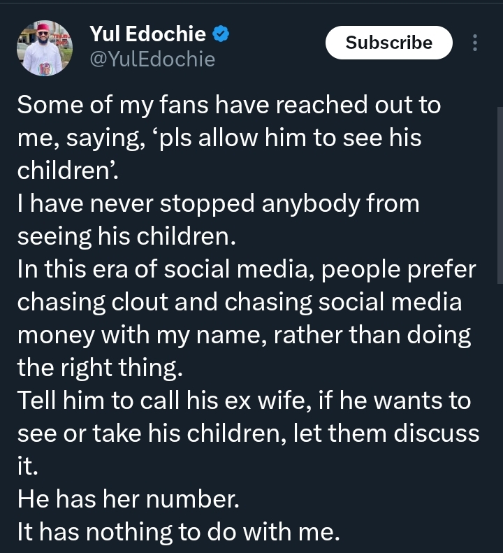 Yul Edochie social media post addressing custody claims