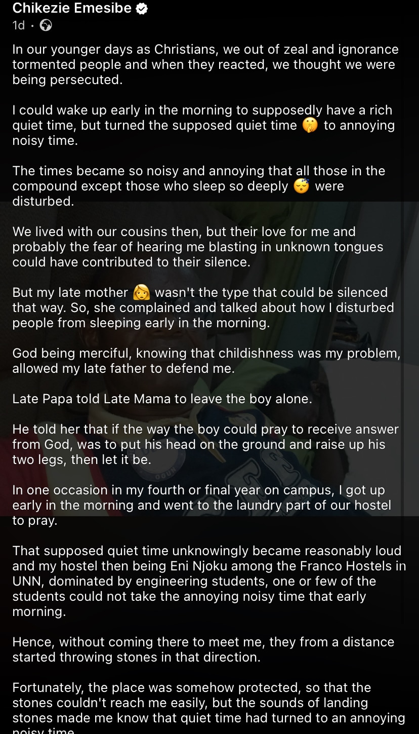 Screenshot showing the pastor’s reflection post