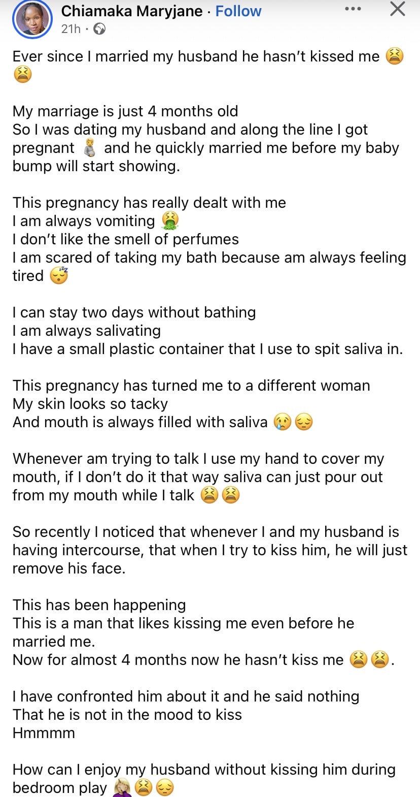 Screenshot of Chiamaka Maryjane's Facebook post about her husband not kissing her