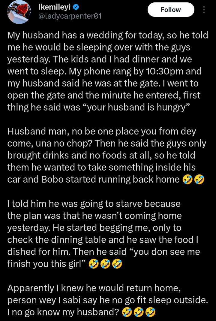 Screenshot showing the viral post about the husband's surprise