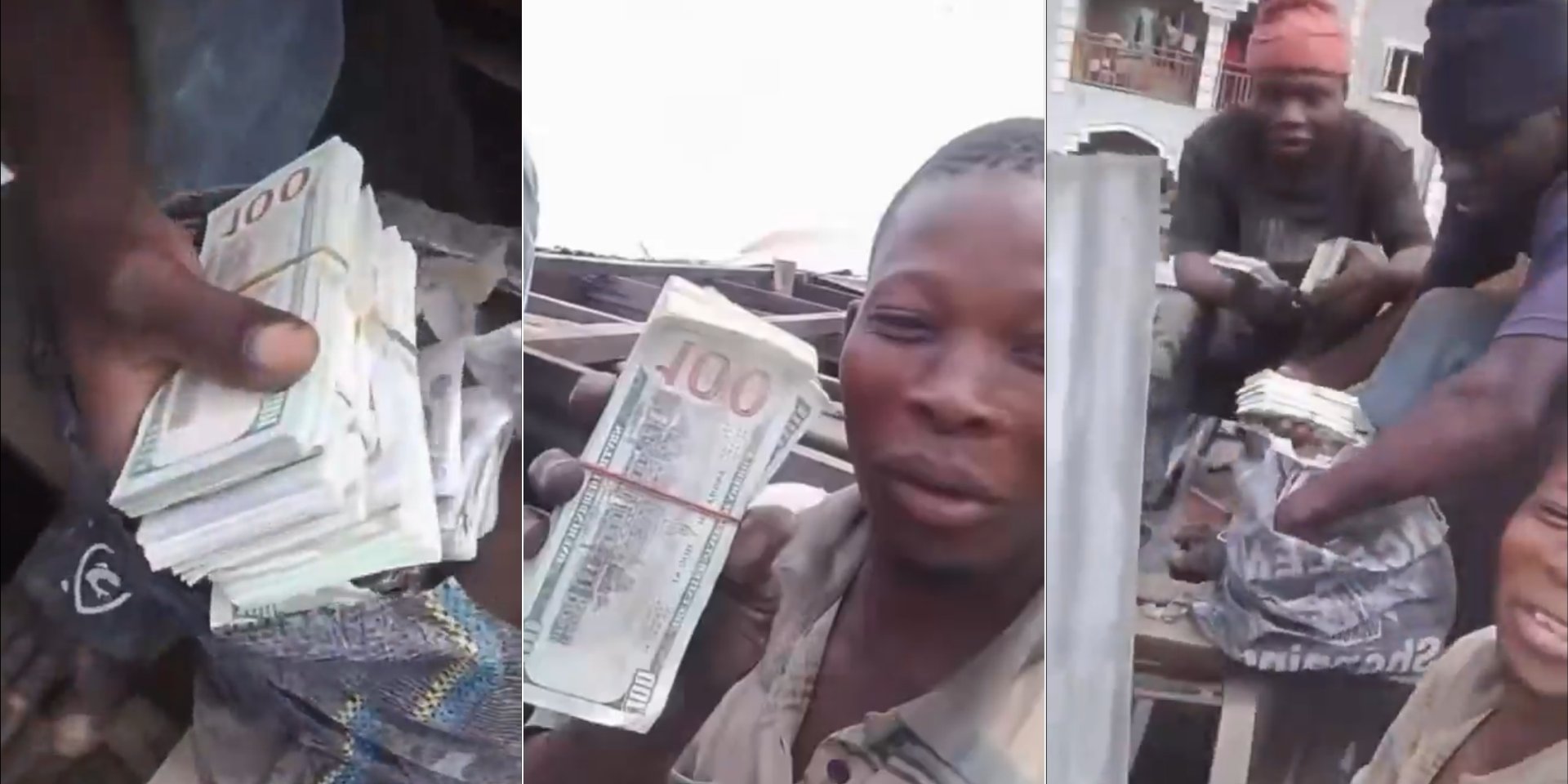 A group of young men has gone viral on social media after sharing a video in which they allegedly discovered bundles of U.S. dollars while working at a site.