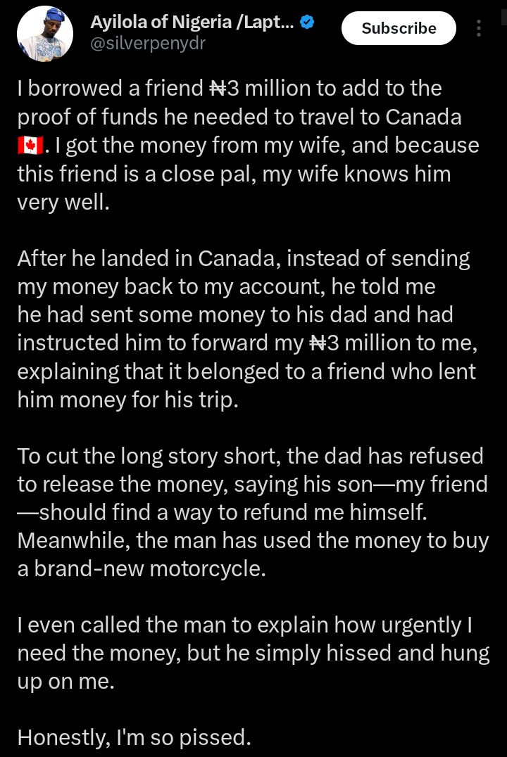 Screenshot of social media post discussing the ₦3 million loan dispute