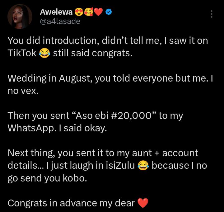 Screenshot of WhatsApp message showing aso ebi request