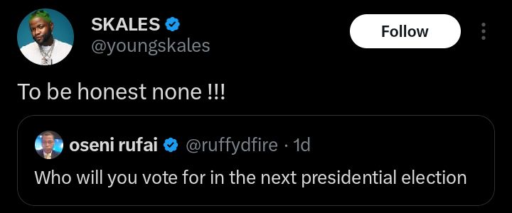 Screenshot of social media exchange about Skales and the 2027 election
