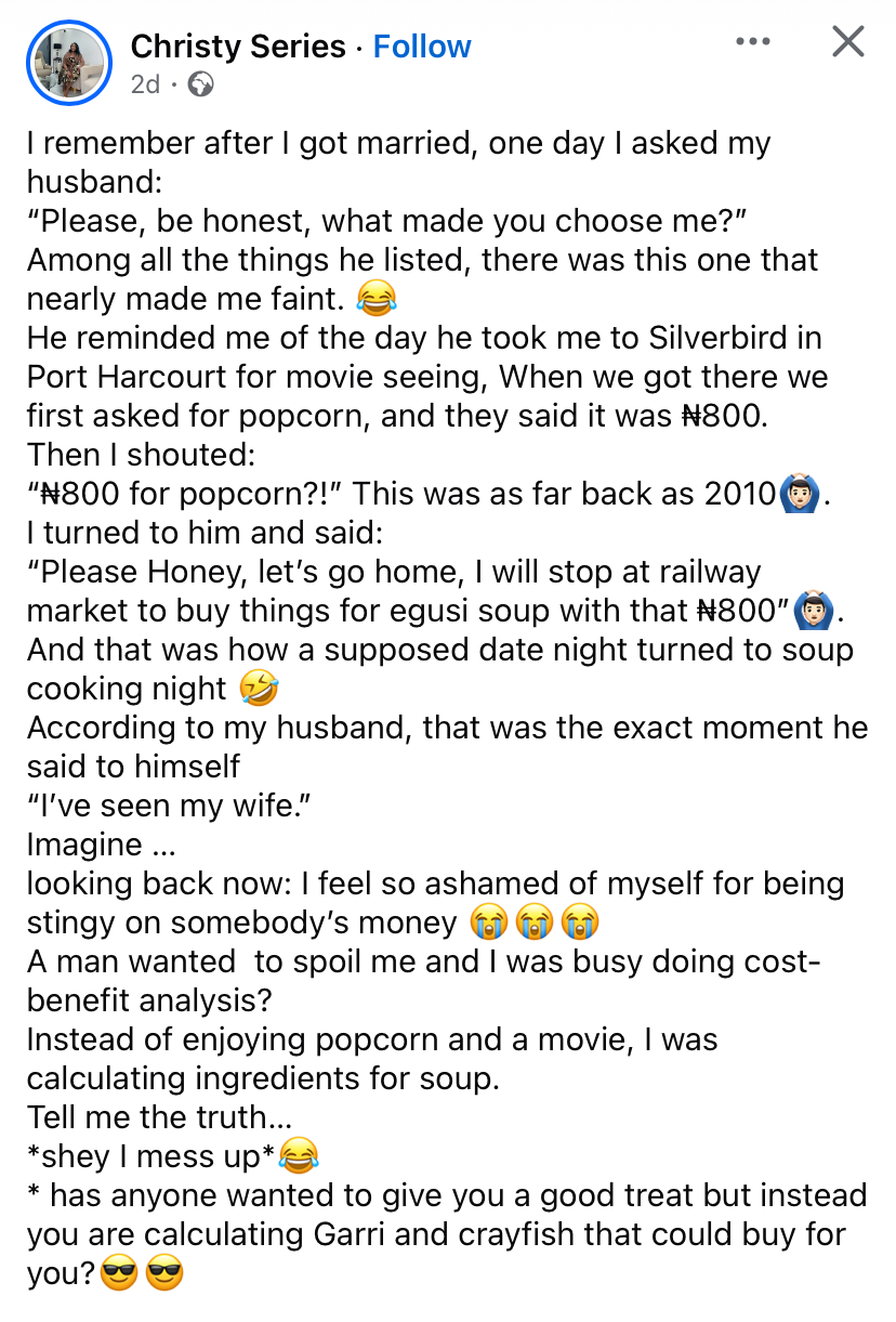 Nigerian lady sharing her story about choosing soup over popcorn