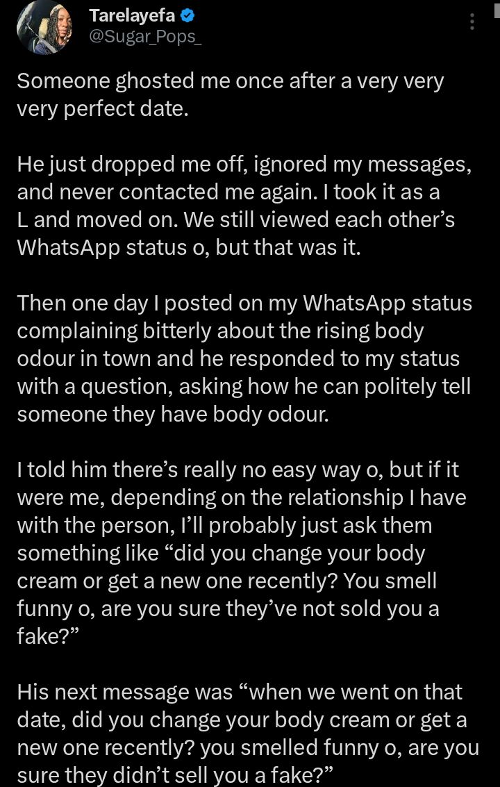 Screenshot of WhatsApp conversation showing the man's message about body odor