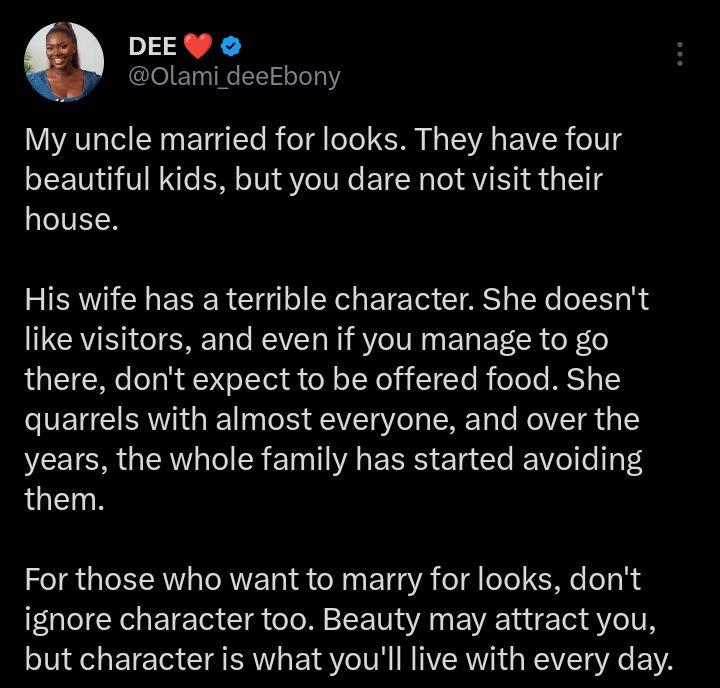 Screenshot showing social media discussion about marriage character vs looks