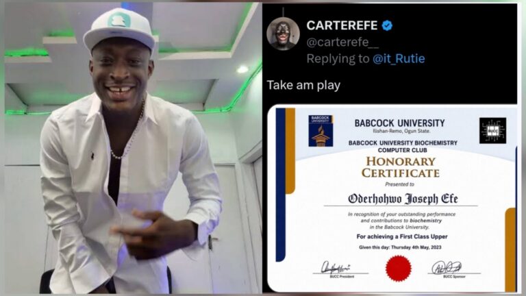 Carter Efe Responds to Babcock University Fake Certificate Claims with ₦100k Ticket Fee Joke