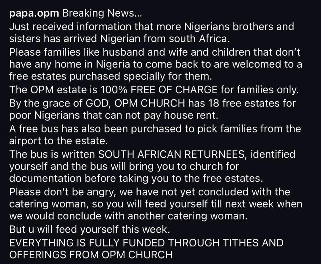 Free bus arranged for Nigerians returning from South Africa