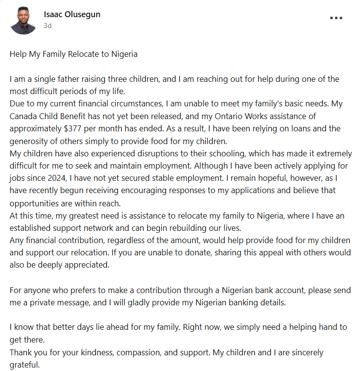 "I can no longer feed my children" - Canada-based single father of 3 begs for help to return to Nigeria
