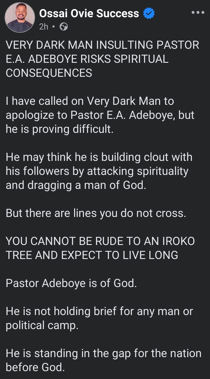 Screenshot of VeryDarkMan’s comment regarding Pastor Adeboye