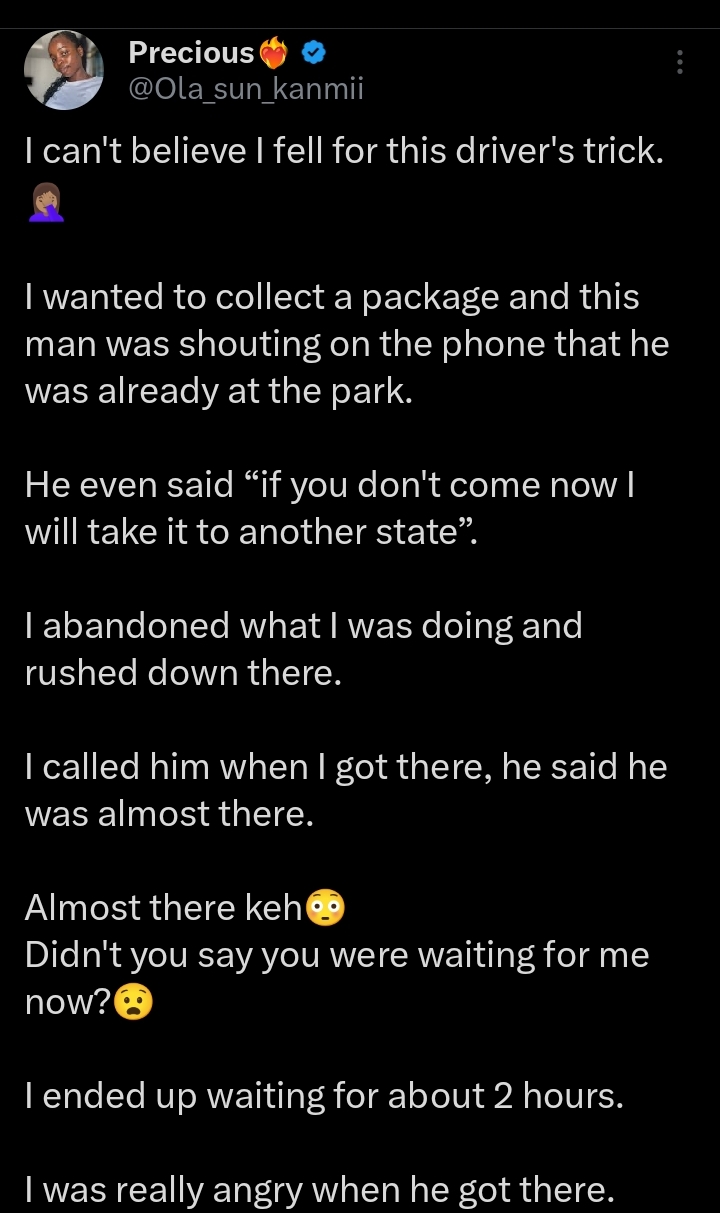 Screenshot of the lady's X post showing the driver's message