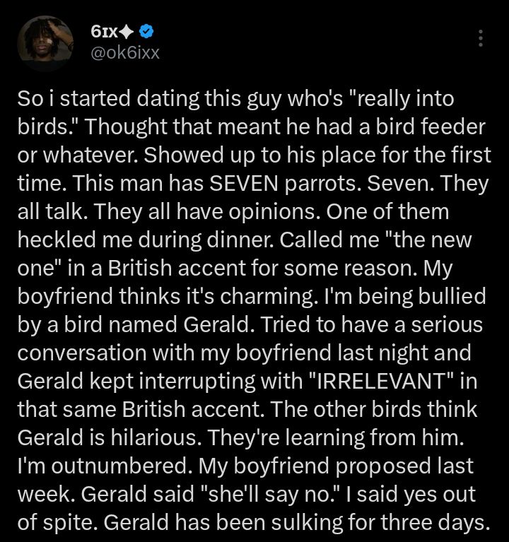 Screenshot of social media post about the parrot proposal story