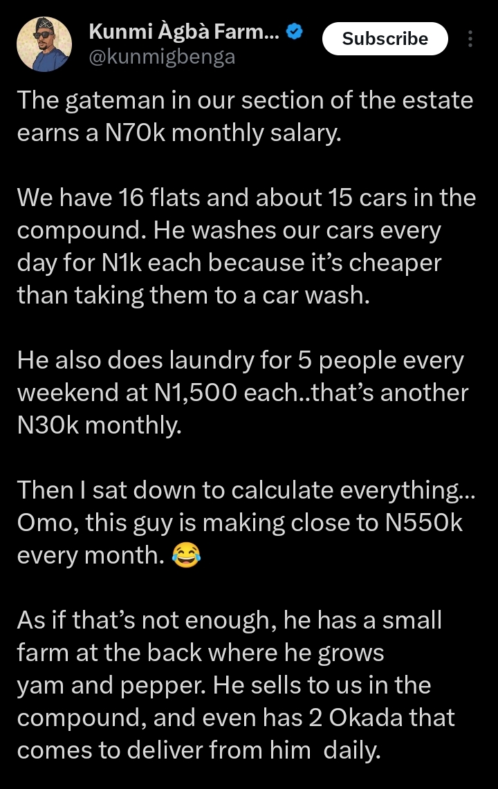 Screenshot of tweet showing gateman’s car washing and laundry income