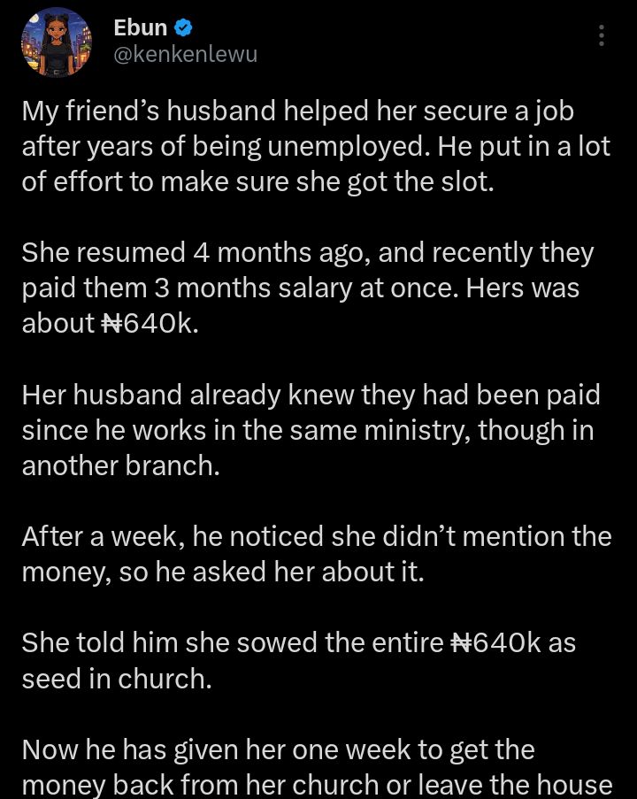 Screenshot of the viral post detailing the church seed offering controversy