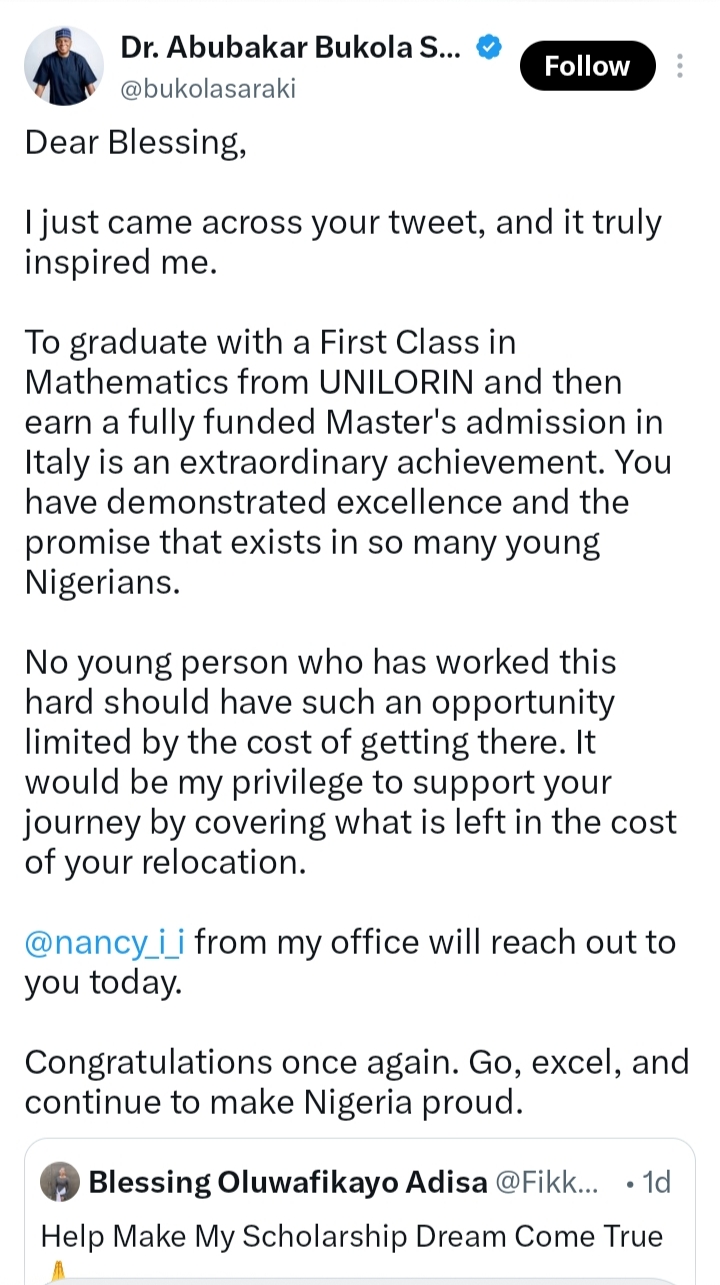 Screenshot of the graduate's post on X