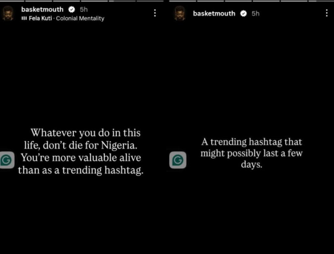 Basketmouth emphasizing the value of life
