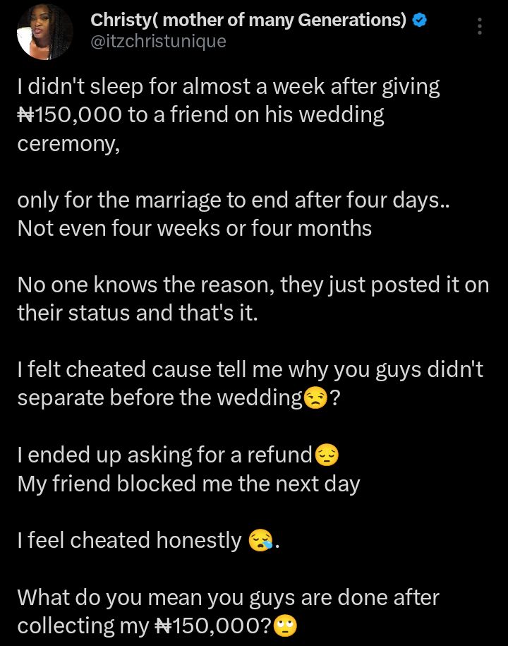 Screenshot of social media post showing the lady's request for refund