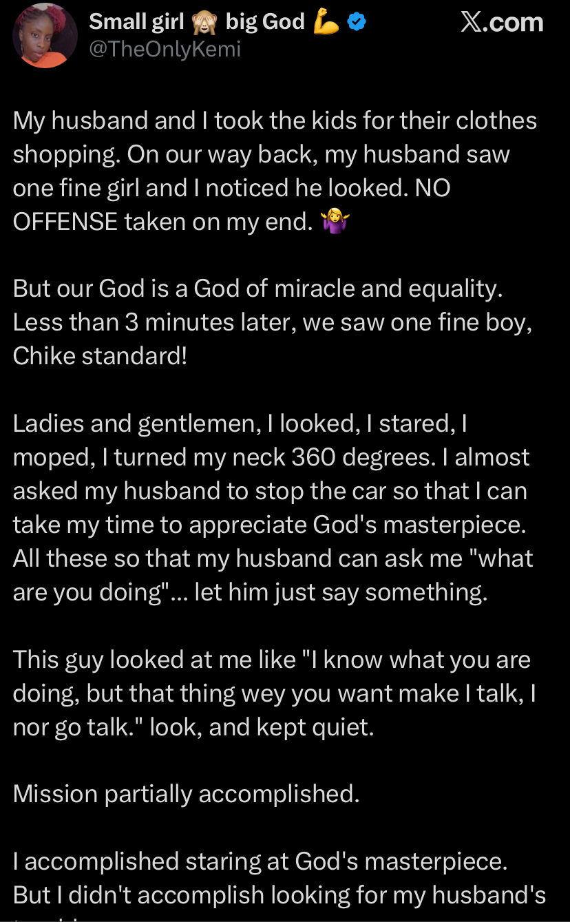"I turned my neck 360" - Lady reveals how she got back at husband after catching him staring at a beautiful lady