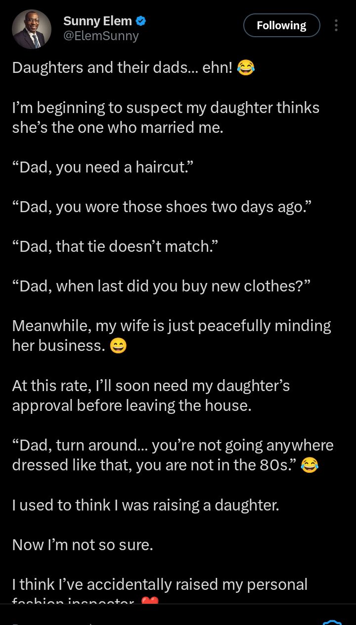 Screenshot of the social media post showing the father's comment about his daughter's fashion remarks