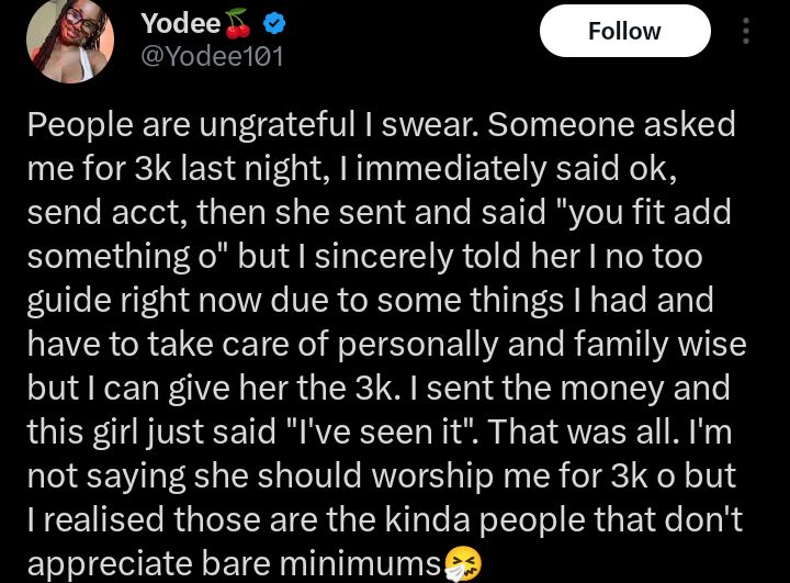 Screenshot showing the ungrateful response 'I’ve seen it' received after sending ₦3,000
