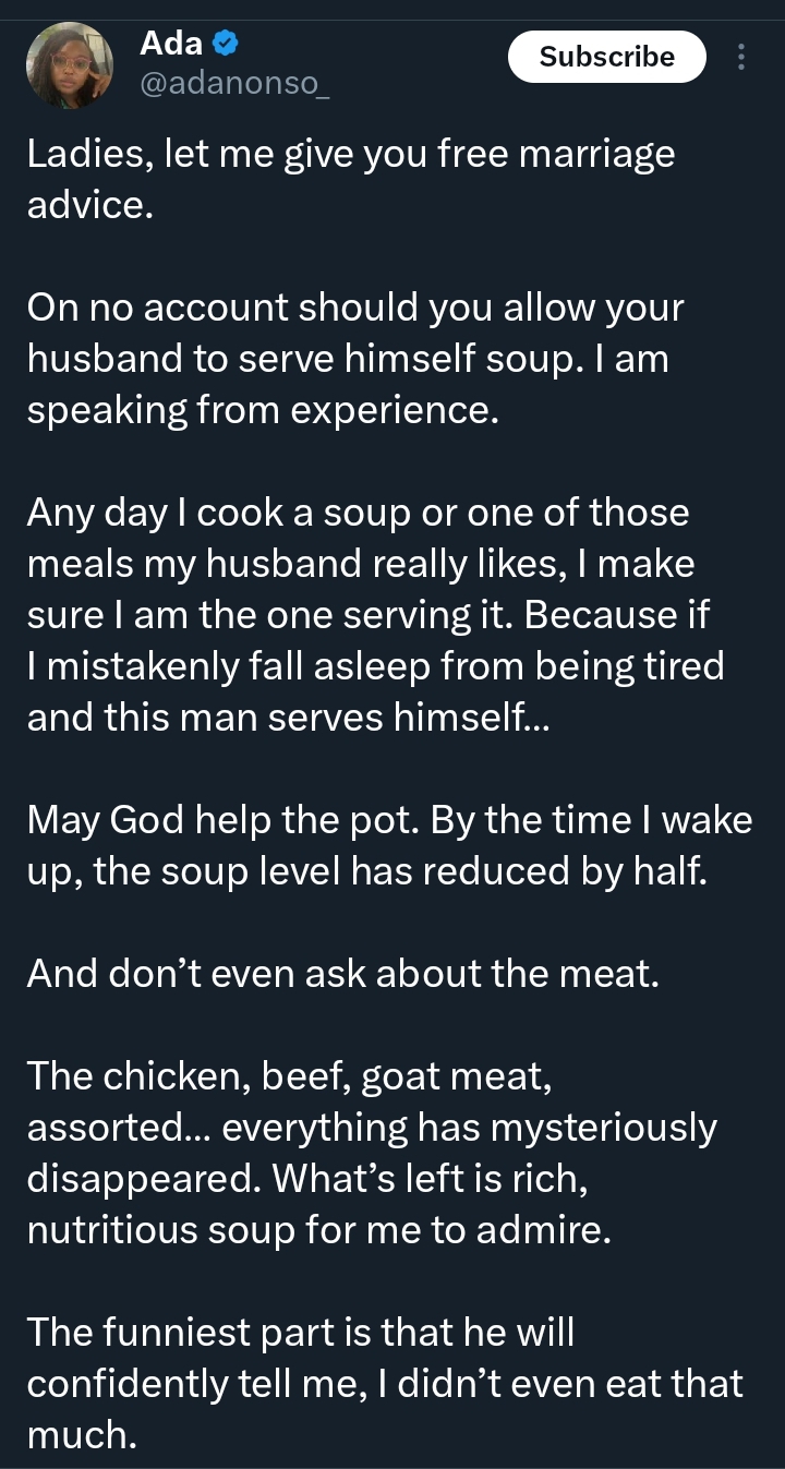 Screenshot illustrating a wife's complaint about her husband serving himself soup