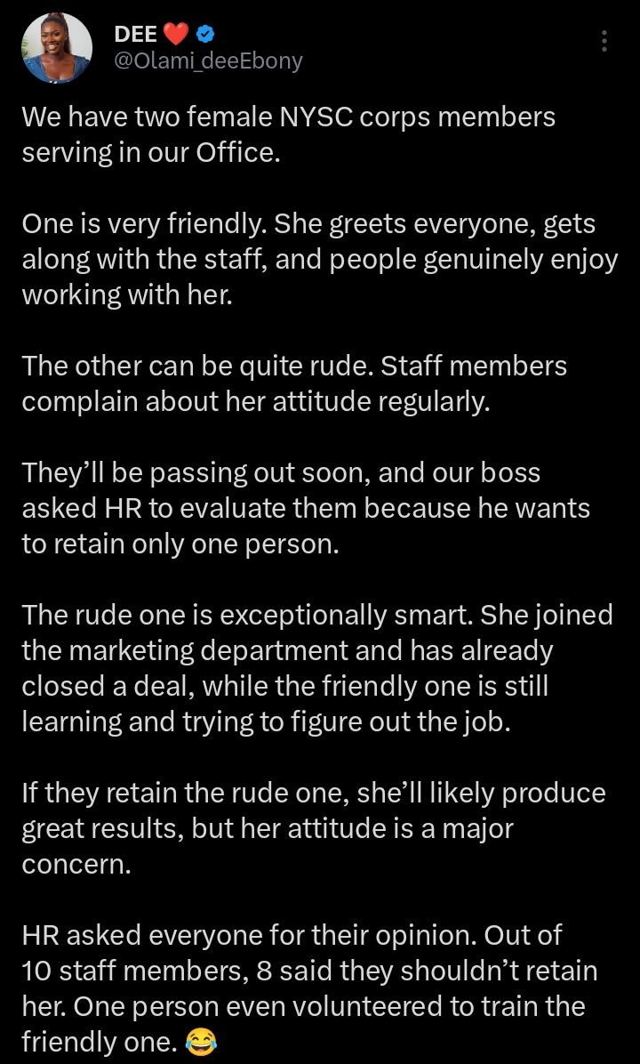 Screenshot of social media post discussing NYSC retention